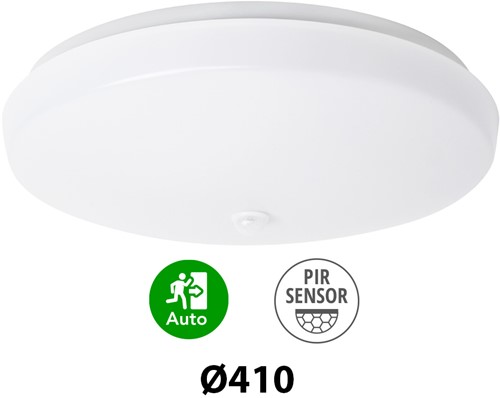 Pragmalux LED Plafonnière / Wandarmatuur Polo G3 IP64 22W 3000K-6000K 3-CCT 1950-2150lm Ø410 (1x32W) +PIR sensor & Noodmodule 3 uur manueel