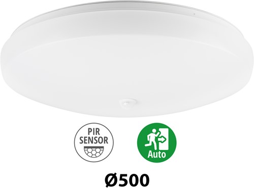 Pragmalux LED Plafonnière / Wandarmatuur Polo G3 IP64 26-37W 3000K-6000K 3-CCT 2500-3800lm Ø500 (1x42W) +PIR sensor & Noodmodule 3 uur manueel