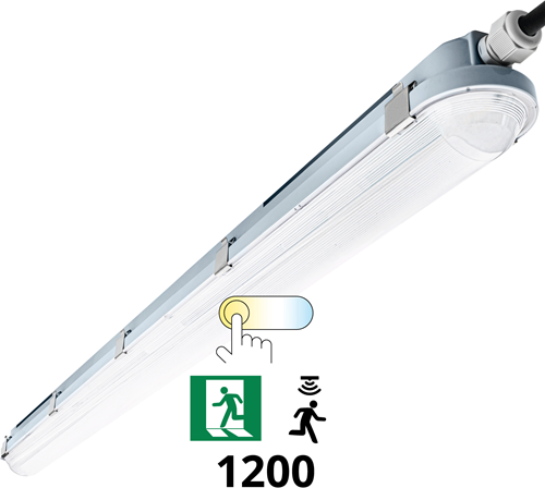 Pragmalux LED TL Waterdicht Armatuur Hermes IP66 120cm 20-35W 3000K-6000K 3-CCT 2700-5000lm 5x2,5mm Doorvoerbedrading (2x36W) + Bewegingssensor & Noodmodule 3 uur manueel