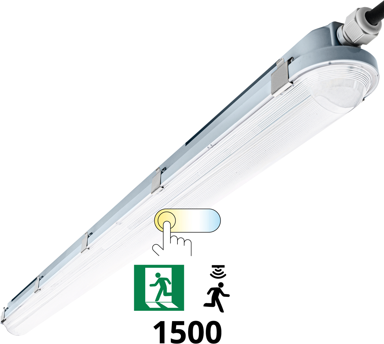 Pragmalux LED TL Waterdicht Armatuur IP66 150cm 30-53W 3000K-6000K 3-CCT 4150-7700lm Doorvoerbedrading (2x58W) + Bewegingssensor & Noodmodule 3 uur manueel | Distrilight