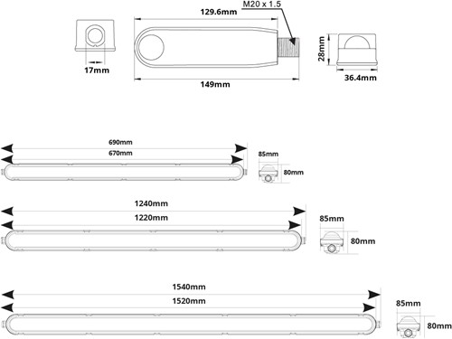 Pragmalux LED TL Waterdicht Armatuur Hermes IP66 150cm 36-61W 4000K 6000-10200lm 5x2,5mm Doorvoerbedrading (2x80W) + Bewegingsensor PIR + noodmodule 1uur zelftest-5