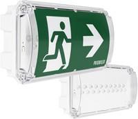 Pragmalux Norma vluchtroute noodarmatuur zelf test 3,5W 150lm IP66 IK10 opbouw, continu, niet continu, ISO 7010 en NEN-EN 1838. Zichtbaar 20 meter. Nood bedrijf LiFePO4 1h wit