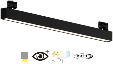 Pragmalux Skyline 1,5m DALI2 12,5-44W 1500-5500lm 2CCT 3000-4000K prisma zwart RAL9005 met track adaptor