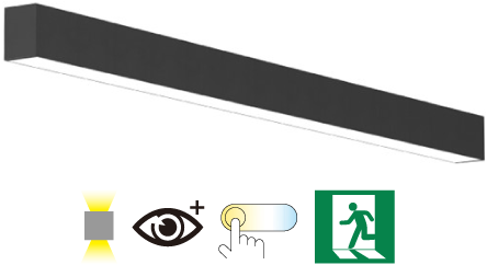 Pragmalux Skyline 1,5m 12,5-44W 1500-5500lm 2CCT 3000-4000K met uplight 12W 1500lm prisma zwart RAL9005 + Noodmodule 3 uur