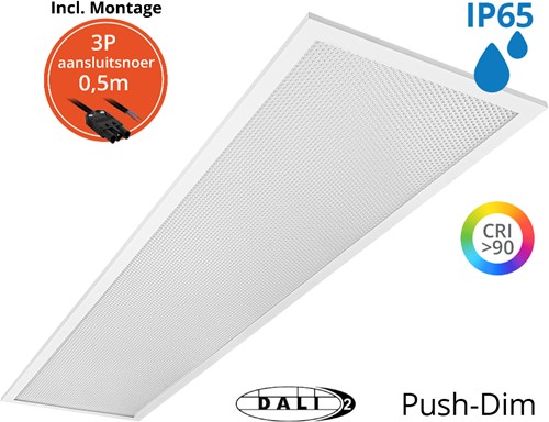 Pragmalux LED Paneel 30x120cm Sigma G2 IP65 CRI>90 37W 3000K-4000K 2-CCT 4950-5000lm UGR<19 +TCI DALI Driver incl. 3P Aansluitsnoer (2x28W/2x36W)