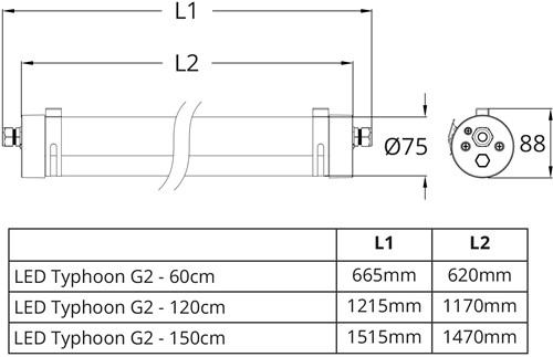 Pragmalux LED TL Waterdicht Armatuur Typhoon G2 IP66 IP69K IK08 PMMA 150cm 27-48W 3000-4000K-6000K 3CCT 3700-6800lm 4x2,5mm DvB (2x58W)+ Noodmodule 1uur zelftest-9
